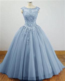 Picture of Charming Blue Tulle Long Ball Gown Sweet 16 Dresses with Lace, Formal Gown